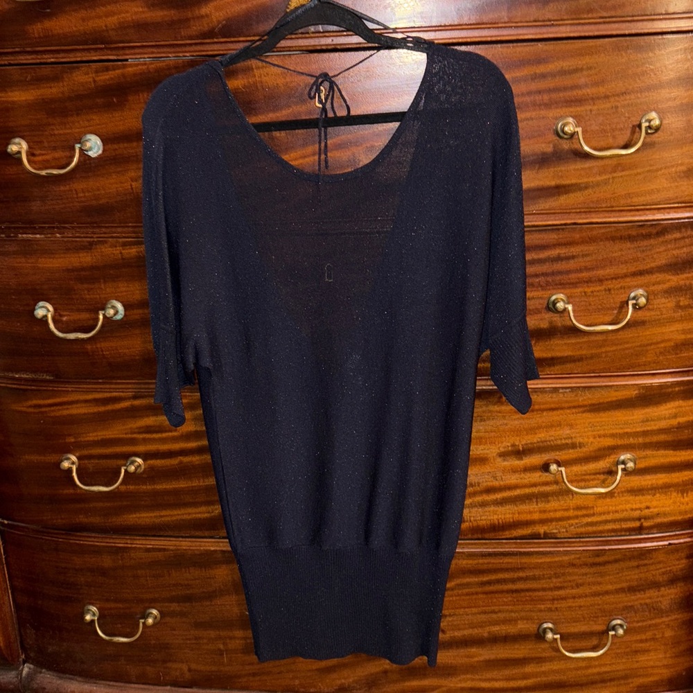 Bedo - Black Sheer Knit barely sparkly Top with Back Tie- gorgeous and sexy